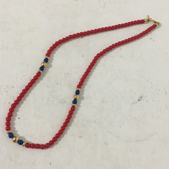 80s Vintage Monet Red Blue Gold Beaded Necklace - Picture 3 of 8